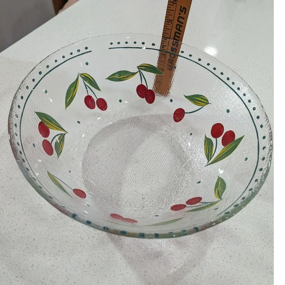 Arcoroc Serving Bowl Textured Glass Hand Painted Cherry Motif 10.5